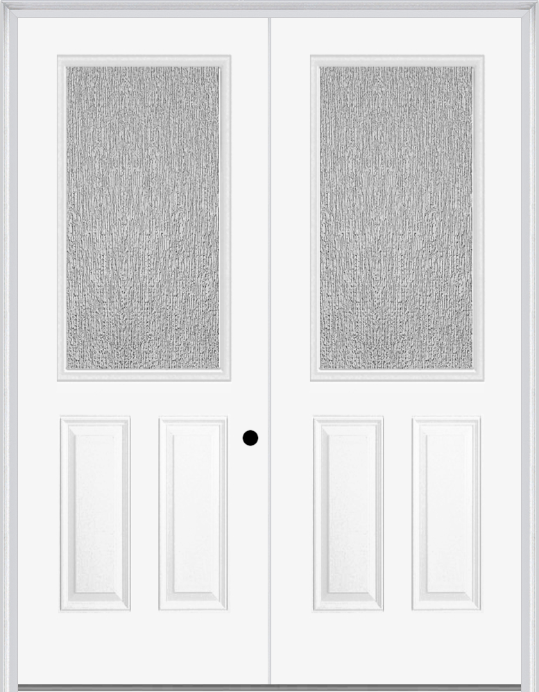 MMI TWIN/DOUBLE 1/2 LITE 2 PANEL 6'0" X 8'0" FIBERGLASS SMOOTH TEXTURED/PRIVACY GLASS EXTERIOR PREHUNG DOOR 906