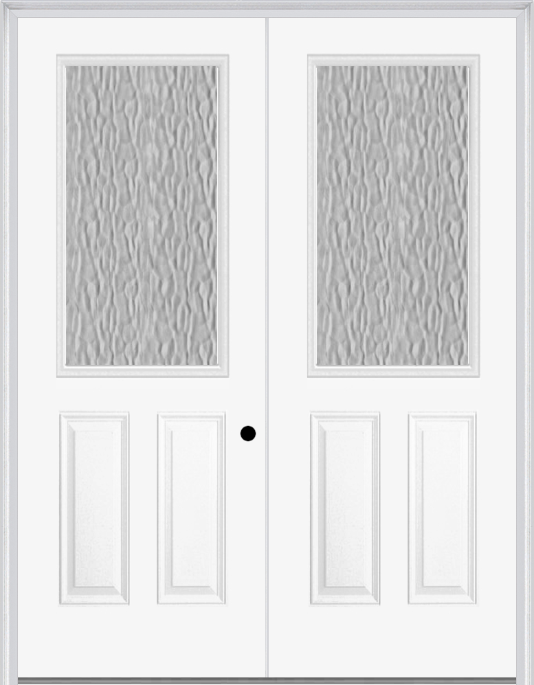 MMI TWIN/DOUBLE 1/2 LITE 2 PANEL 6'0" X 8'0" FIBERGLASS SMOOTH TEXTURED/PRIVACY GLASS EXTERIOR PREHUNG DOOR 906