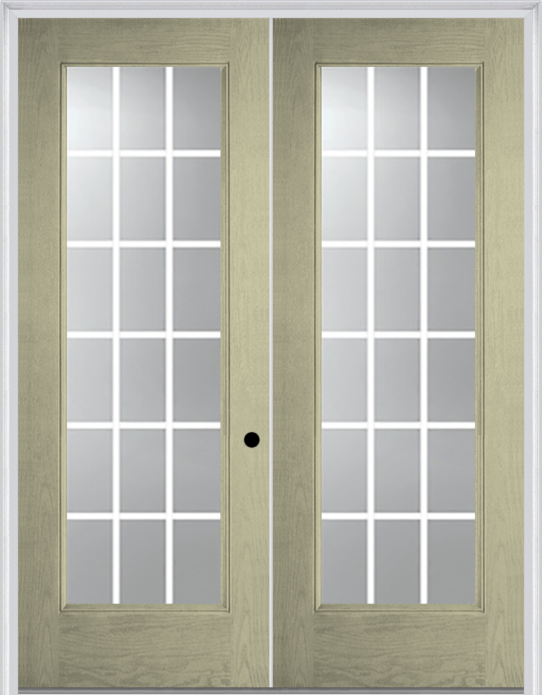 MMI TWIN/DOUBLE FULL LITE 6'0" X 8'0" FIBERGLASS OAK CONTOUR WHITE 18 LITE LOW-E GRILLES BETWEEN GLASS EXTERIOR PREHUNG DOOR 612 GBG