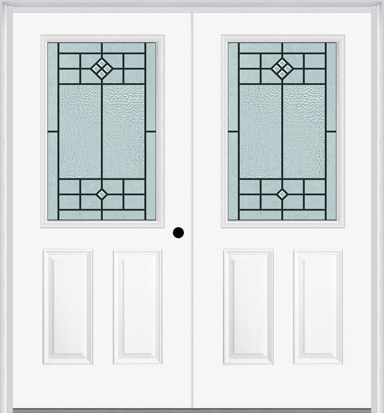 MMI TWIN/DOUBLE 1/2 LITE 2 PANEL 6'8" FIBERGLASS SMOOTH BEAUFORT PATINA DECORATIVE GLASS EXTERIOR PREHUNG DOOR 684