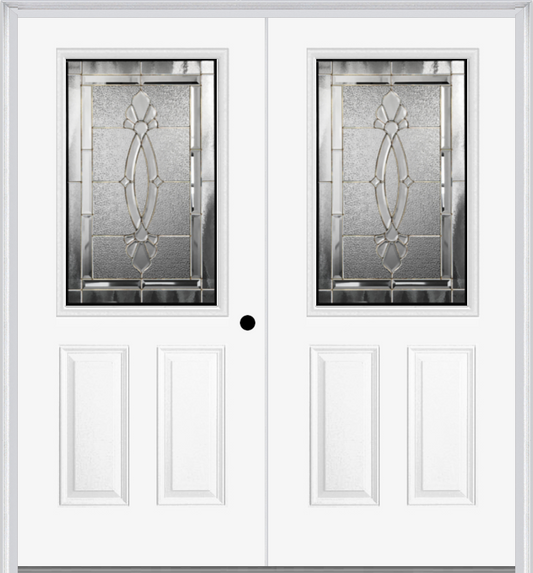 MMI TWIN/DOUBLE 1/2 LITE 2 PANEL 6'8" FIBERGLASS SMOOTH BELAIRE ZINC DECORATIVE GLASS EXTERIOR PREHUNG DOOR 684