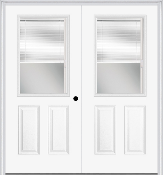 MMI TWIN/DOUBLE 1/2 LITE 2 PANEL RAISE/LOWER BLINDS 6'8" BUILDERS CLASSIC FIBERGLASS EXTERIOR PREHUNG DOOR 684 RLB