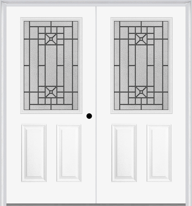 MMI TWIN/DOUBLE 1/2 LITE 2 PANEL 6'8" FIBERGLASS SMOOTH COURTYARD NICKEL VEIN WROUGHT IRON DECORATIVE GLASS EXTERIOR PREHUNG DOOR 684