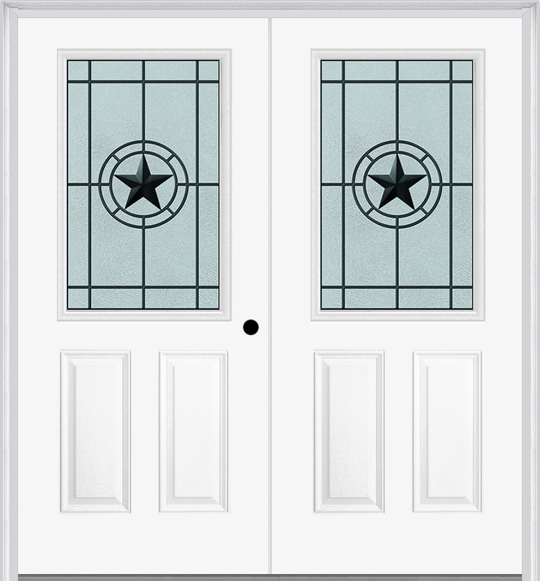 MMI TWIN/DOUBLE 1/2 LITE 2 PANEL 6'8" FIBERGLASS SMOOTH ELEGANT STAR WROUGHT IRON DECORATIVE GLASS EXTERIOR PREHUNG DOOR 684