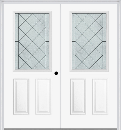 MMI TWIN/DOUBLE 1/2 LITE 2 PANEL 6'8" FIBERGLASS SMOOTH HARRIS PATINA DECORATIVE GLASS EXTERIOR PREHUNG DOOR 684