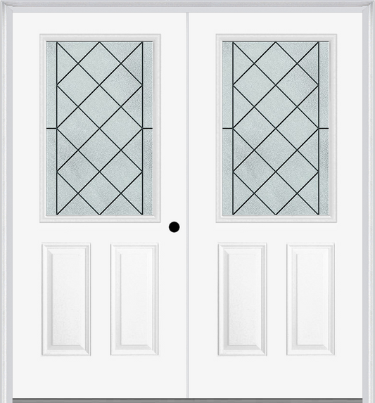 MMI TWIN/DOUBLE 1/2 LITE 2 PANEL 6'8" FIBERGLASS SMOOTH HARRIS PATINA DECORATIVE GLASS EXTERIOR PREHUNG DOOR 684