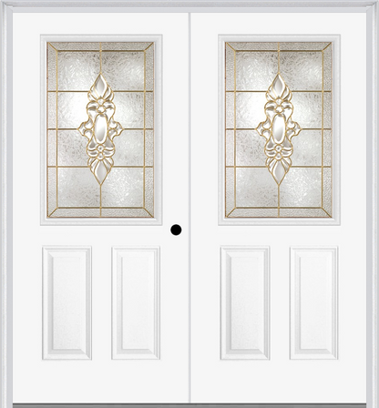 MMI TWIN/DOUBLE 1/2 LITE 2 PANEL 6'8" FIBERGLASS SMOOTH HEIRLOOMS BRASS OR HEIRLOOMS SATIN NICKEL DECORATIVE GLASS EXTERIOR PREHUNG DOOR 684