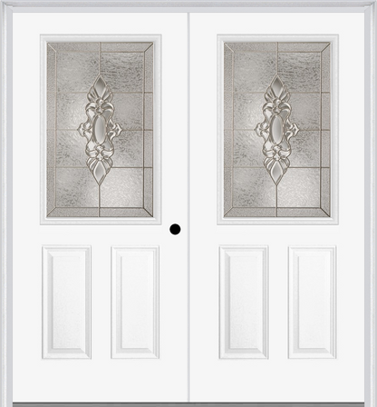 MMI TWIN/DOUBLE 1/2 LITE 2 PANEL 6'8" FIBERGLASS SMOOTH HEIRLOOMS BRASS OR HEIRLOOMS SATIN NICKEL DECORATIVE GLASS EXTERIOR PREHUNG DOOR 684