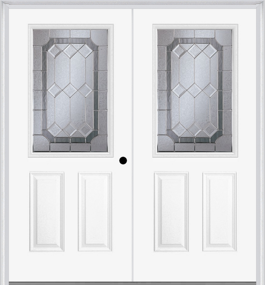 MMI TWIN/DOUBLE 1/2 LITE 2 PANEL 6'8" FIBERGLASS SMOOTH MAJESTIC NICKEL DECORATIVE GLASS EXTERIOR PREHUNG DOOR 684