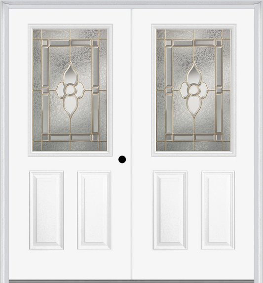 MMI TWIN/DOUBLE 1/2 LITE 2 PANEL 6'8" FIBERGLASS SMOOTH NOUVEAU NICKEL OR NOUVEAU PATINA DECORATIVE GLASS EXTERIOR PREHUNG DOOR 684