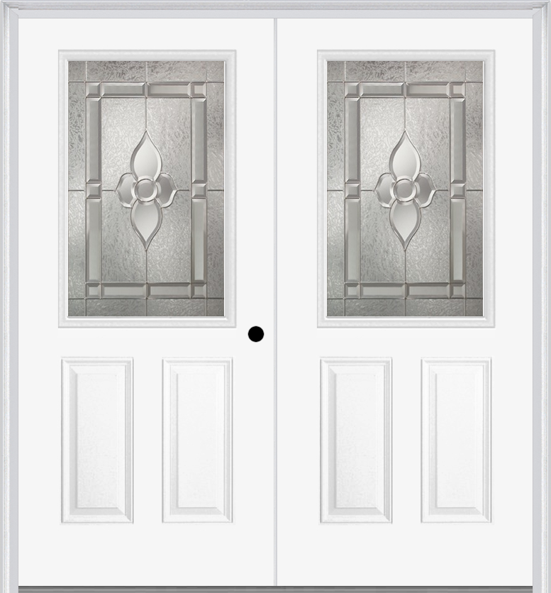 MMI TWIN/DOUBLE 1/2 LITE 2 PANEL 6'8" FIBERGLASS SMOOTH NOUVEAU NICKEL OR NOUVEAU PATINA DECORATIVE GLASS EXTERIOR PREHUNG DOOR 684