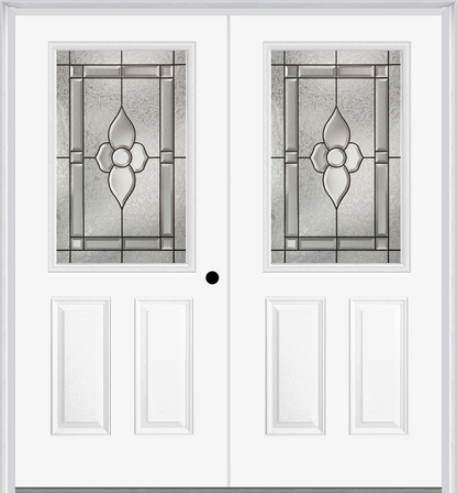 MMI TWIN/DOUBLE 1/2 LITE 2 PANEL 6'8" FIBERGLASS SMOOTH NOUVEAU NICKEL OR NOUVEAU PATINA DECORATIVE GLASS EXTERIOR PREHUNG DOOR 684