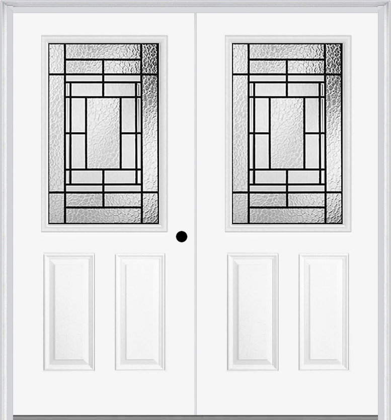 MMI TWIN/DOUBLE 1/2 LITE 2 PANEL 6'8" FIBERGLASS SMOOTH PEMBROOK PATINA DECORATIVE GLASS EXTERIOR PREHUNG DOOR 684