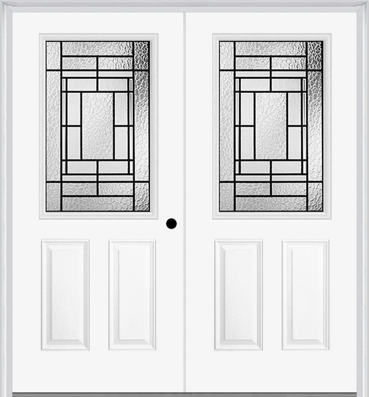 MMI TWIN/DOUBLE 1/2 LITE 2 PANEL 6'8" FIBERGLASS SMOOTH PEMBROOK PATINA DECORATIVE GLASS EXTERIOR PREHUNG DOOR 684