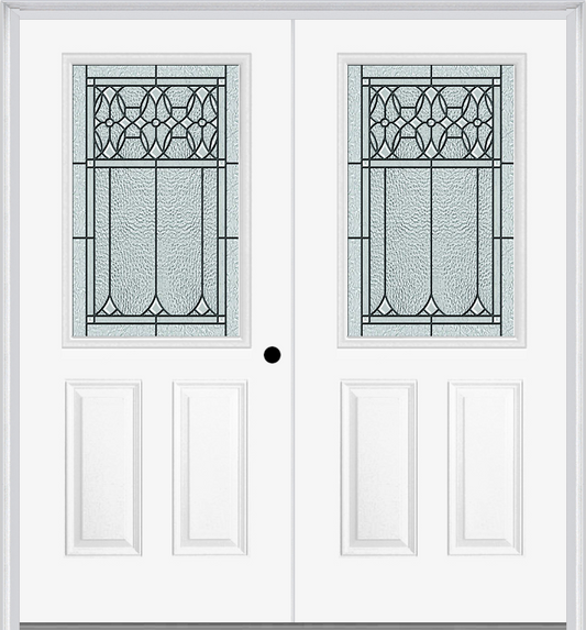 MMI TWIN/DOUBLE 1/2 LITE 2 PANEL 6'8" FIBERGLASS SMOOTH SELWYN PATINA DECORATIVE GLASS EXTERIOR PREHUNG DOOR 684