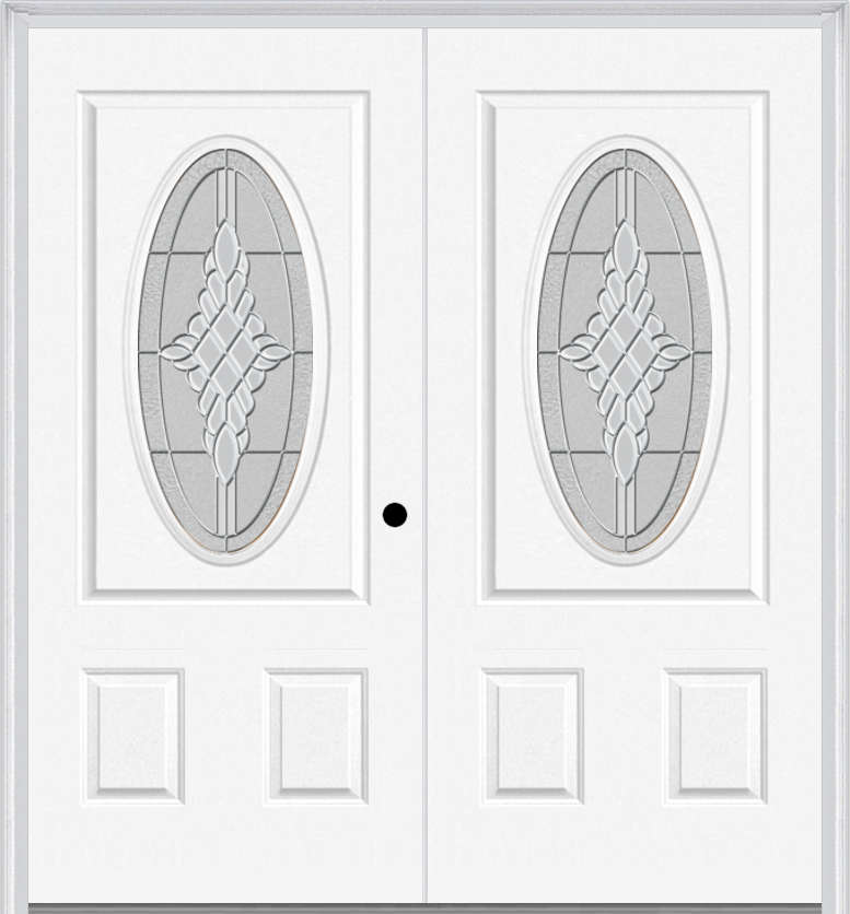 MMI Twin/Double Small Oval 2 Panel 6'8" Fiberglass Smooth Grace Nickel Or Grace Patina Decorative Glass Exterior Prehung Door 949