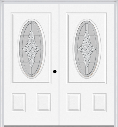 MMI Twin/Double Small Oval 2 Panel 6'8" Fiberglass Smooth Grace Nickel Or Grace Patina Decorative Glass Exterior Prehung Door 949