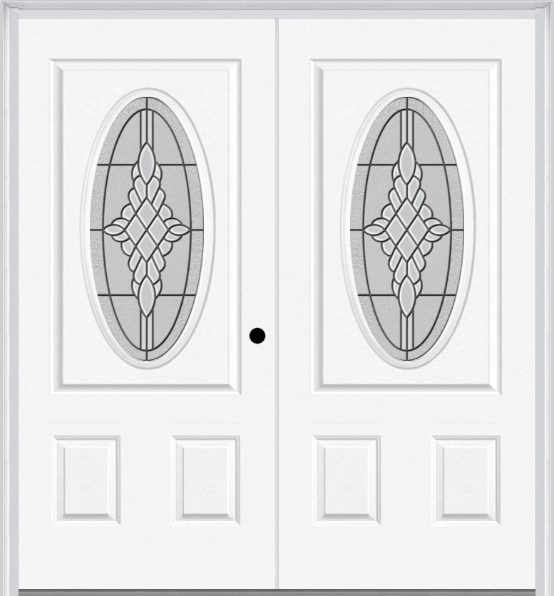 MMI Twin/Double Small Oval 2 Panel 6'8" Fiberglass Smooth Grace Nickel Or Grace Patina Decorative Glass Exterior Prehung Door 949