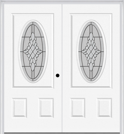 MMI Twin/Double Small Oval 2 Panel 6'8" Fiberglass Smooth Grace Nickel Or Grace Patina Decorative Glass Exterior Prehung Door 949