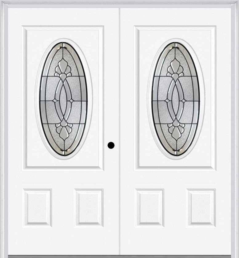 MMI Twin/Double Small Oval 2 Panel 6'8" Fiberglass Smooth Belaire Patina Decorative Glass Exterior Prehung Door 949