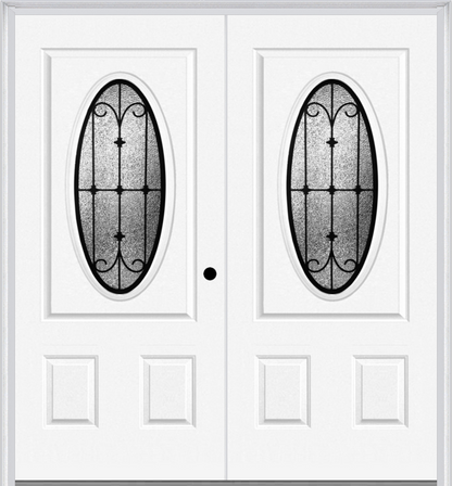 MMI Twin/Double Small Oval 2 Panel 6'8" Fiberglass Smooth Chateau Wrought Iron Decorative Glass Exterior Prehung Door 949