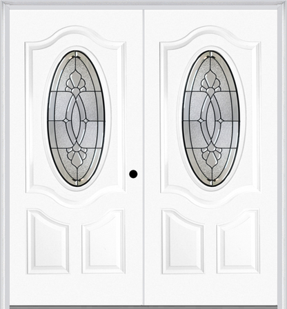 MMI Twin/Double Small Oval 2 Panel Deluxe 6'8" Fiberglass Smooth Belaire Patina Decorative Glass Exterior Prehung Door 749