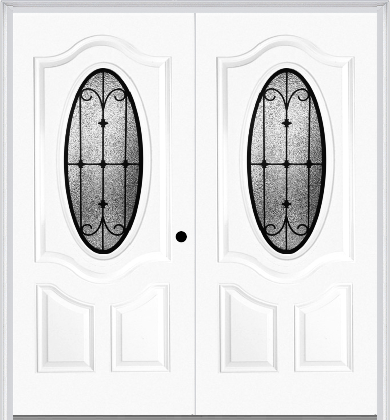 MMI Twin/Double Small Oval 2 Panel Deluxe 6'8" Fiberglass Smooth Chateau Wrought Iron Decorative Glass Exterior Prehung Door 749