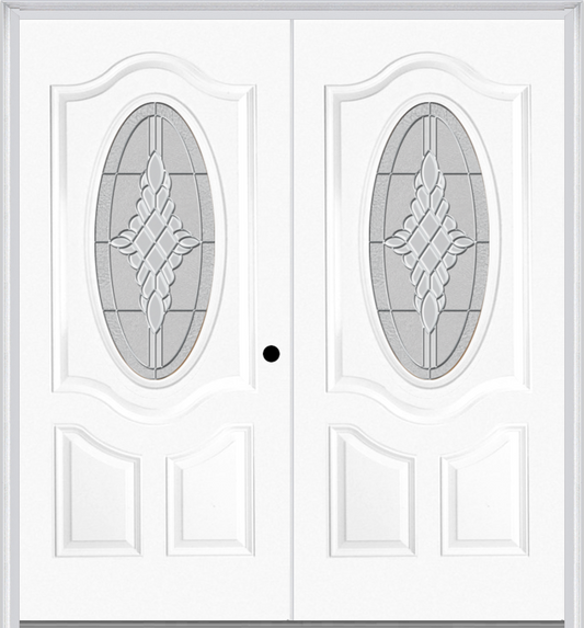 MMI Twin/Double Small Oval 2 Panel Deluxe 6'8" Fiberglass Smooth Grace Nickel Or Grace Patina Decorative Glass Exterior Prehung Door 749