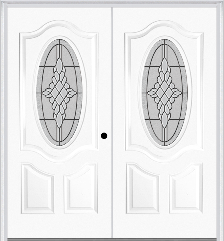 MMI Twin/Double Small Oval 2 Panel Deluxe 6'8" Fiberglass Smooth Grace Nickel Or Grace Patina Decorative Glass Exterior Prehung Door 749