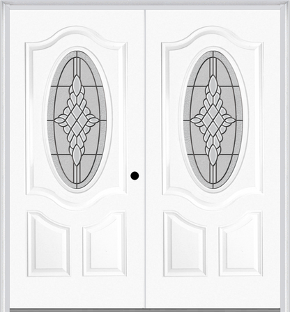 MMI Twin/Double Small Oval 2 Panel Deluxe 6'8" Fiberglass Smooth Grace Nickel Or Grace Patina Decorative Glass Exterior Prehung Door 749