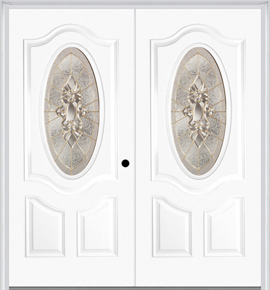 MMI Twin/Double Small Oval 2 Panel Deluxe 6'8" Fiberglass Smooth Heirlooms Brass Or Heirlooms Satin Nickel Decorative Glass Exterior Prehung Door 749