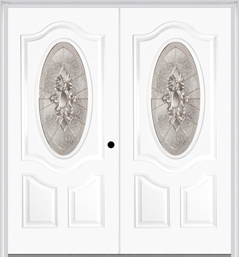 MMI Twin/Double Small Oval 2 Panel Deluxe 6'8" Fiberglass Smooth Heirlooms Brass Or Heirlooms Satin Nickel Decorative Glass Exterior Prehung Door 749