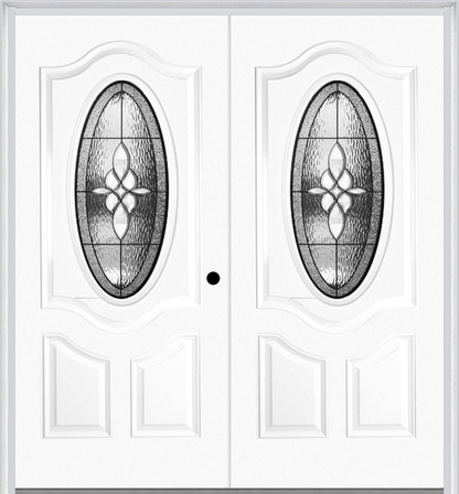 MMI Twin/Double Small Oval 2 Panel Deluxe 6'8" Fiberglass Smooth Lumiere Patina Decorative Glass Exterior Prehung Door 749