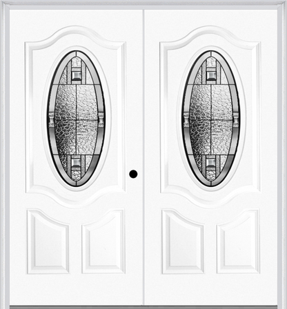 MMI Twin/Double Small Oval 2 Panel Deluxe 6'8" Fiberglass Smooth Noble Patina Decorative Glass Exterior Prehung Door 749