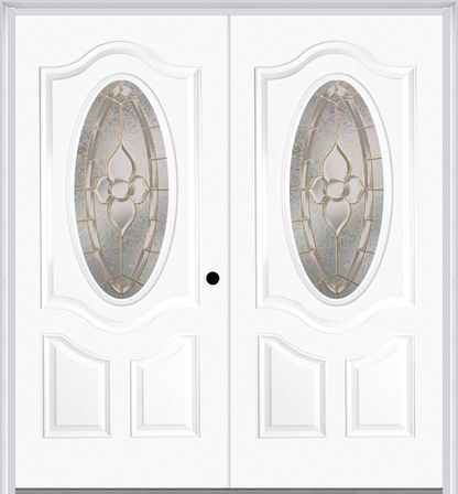 MMI Twin/Double Small Oval 2 Panel Deluxe 6'8" Fiberglass Smooth Nouveau Brass, Nouveau Nickel, Or Nouveau Patina Decorative Glass Exterior Prehung Door 749
