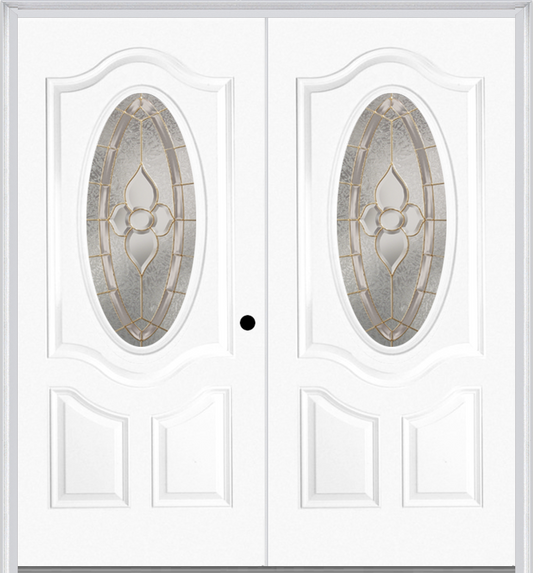 MMI Twin/Double Small Oval 2 Panel Deluxe 6'8" Fiberglass Smooth Nouveau Nickel Or Nouveau Patina Decorative Glass Exterior Prehung Door 749