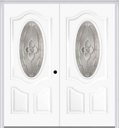 MMI Twin/Double Small Oval 2 Panel Deluxe 6'8" Fiberglass Smooth Nouveau Nickel Or Nouveau Patina Decorative Glass Exterior Prehung Door 749