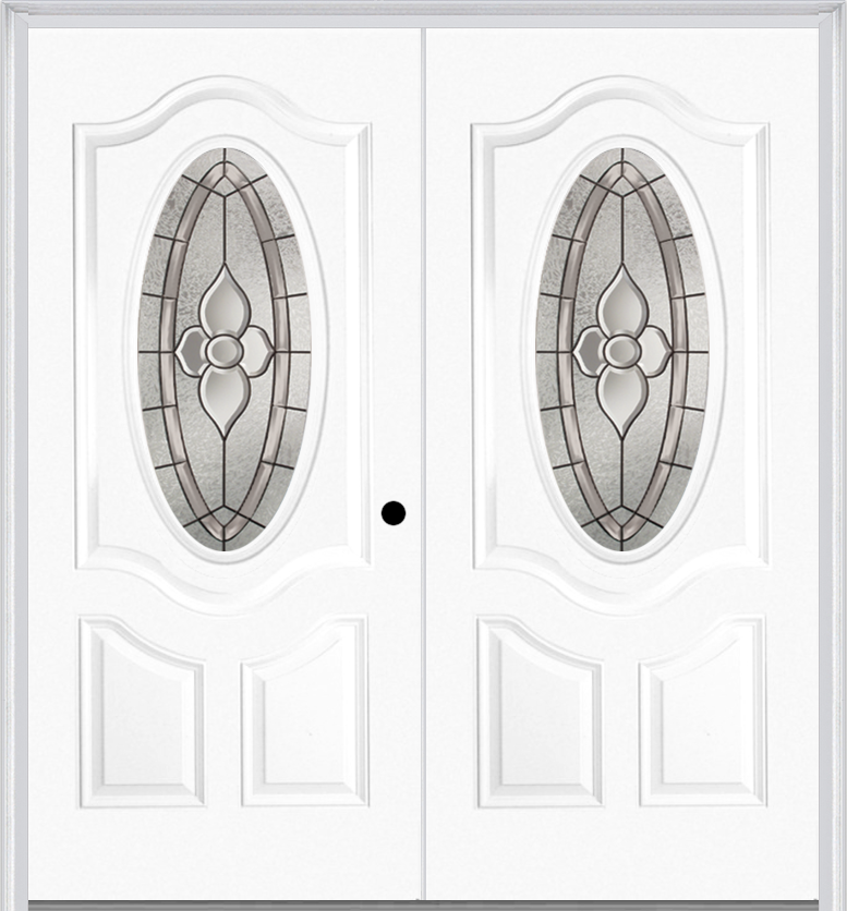 MMI Twin/Double Small Oval 2 Panel Deluxe 6'8" Fiberglass Smooth Nouveau Nickel Or Nouveau Patina Decorative Glass Exterior Prehung Door 749
