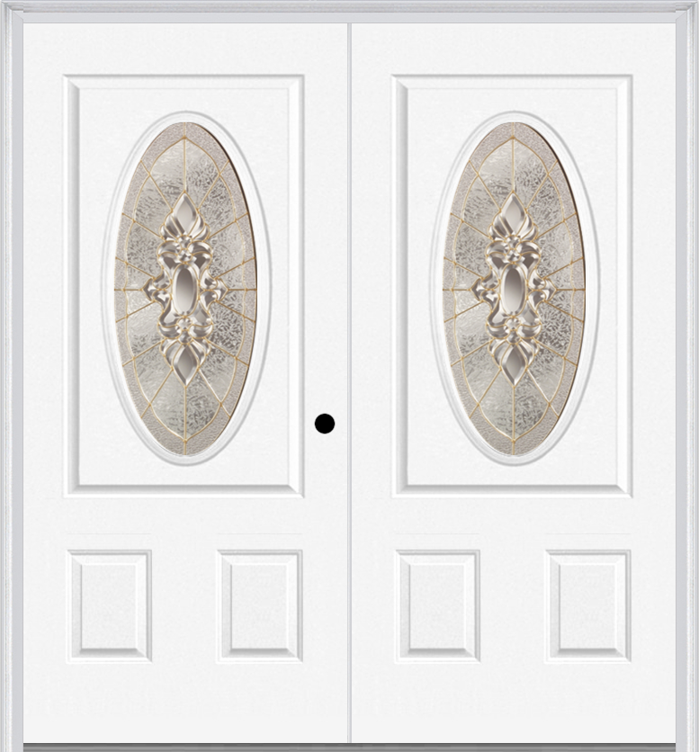 MMI Twin/Double Small Oval 2 Panel 6'8" Fiberglass Smooth Heirlooms Brass Or Heirlooms Satin Nickel Decorative Glass Exterior Prehung Door 949