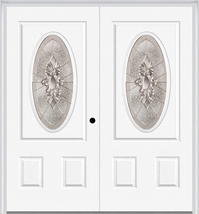 MMI Twin/Double Small Oval 2 Panel 6'8" Fiberglass Smooth Heirlooms Brass Or Heirlooms Satin Nickel Decorative Glass Exterior Prehung Door 949