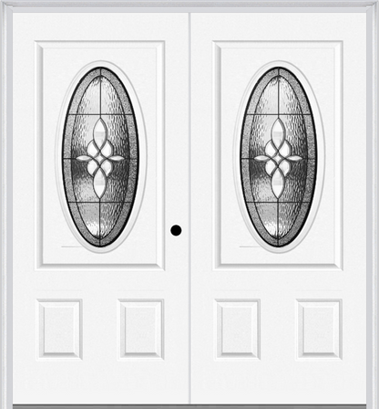 MMI Twin/Double Small Oval 2 Panel 6'8" Fiberglass Smooth Lumiere Patina Decorative Glass Exterior Prehung Door 949