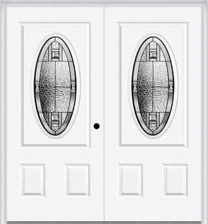 MMI Twin/Double Small Oval 2 Panel 6'8" Fiberglass Smooth Noble Patina Decorative Glass Exterior Prehung Door 949