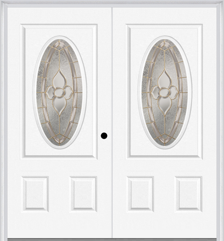 MMI Twin/Double Small Oval 2 Panel 6'8" Fiberglass Smooth Nouveau Nickel Or Nouveau Patina Decorative Glass Exterior Prehung Door 949
