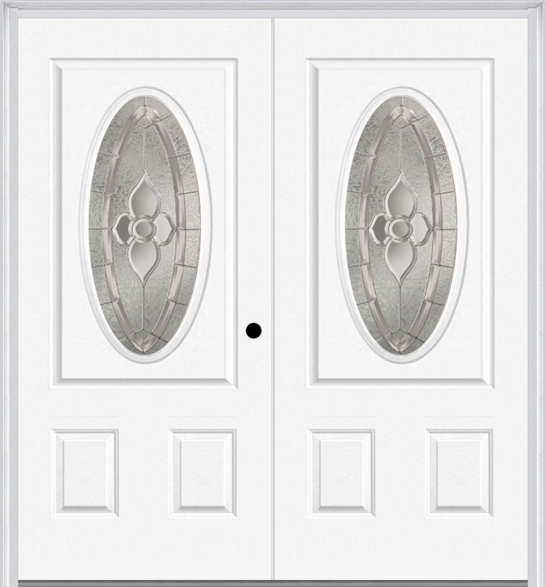 MMI Twin/Double Small Oval 2 Panel 6'8" Fiberglass Smooth Nouveau Nickel Or Nouveau Patina Decorative Glass Exterior Prehung Door 949