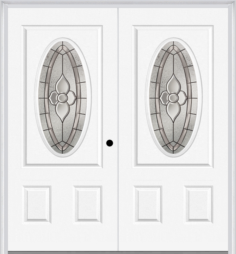 MMI Twin/Double Small Oval 2 Panel 6'8" Fiberglass Smooth Nouveau Nickel Or Nouveau Patina Decorative Glass Exterior Prehung Door 949