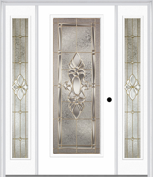 MMI Full Lite 6'8" Fiberglass Smooth Heirlooms Brass Or Heirlooms Satin Nickel Exterior Prehung Door With 2 Full Lite Heirlooms Brass/Satin Nickel Decorative Glass Sidelights 686