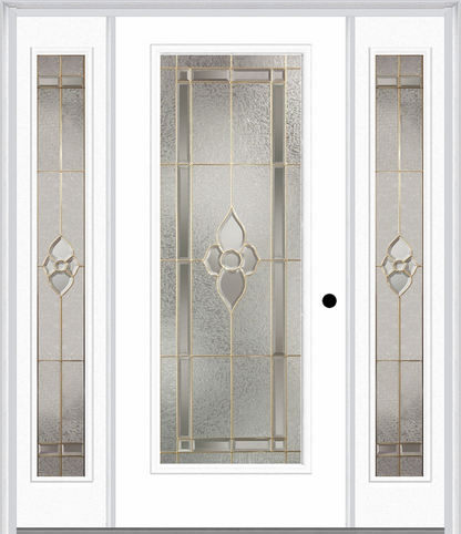 MMI Full Lite 6'8" Fiberglass Smooth Nouveau Nickel Or Nouveau Patina Exterior Prehung Door With 2 Full Lite Nouveau Brass, Nickel, Or Patina Decorative Glass Sidelights 686