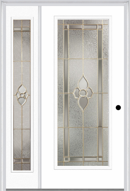 MMI Full Lite 3'0" X 6'8" Fiberglass Smooth Nouveau Nickel Or Nouveau Patina Exterior Prehung Door With 1 Full Lite Nouveau Brass, Nickel, Or Patina Decorative Glass Sidelight 686