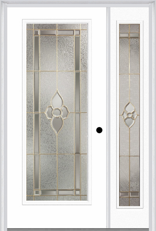 MMI Full Lite 3'0" X 6'8" Fiberglass Smooth Nouveau Nickel Or Nouveau Patina Exterior Prehung Door With 1 Full Lite Nouveau Brass, Nickel, Or Patina Decorative Glass Sidelight 686