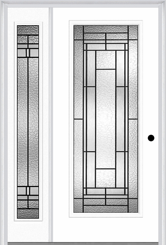 MMI Full Lite 6'8" Fiberglass Smooth Pembrook Patina Exterior Prehung Door With 1 Full Lite Pembrook Patina Decorative Glass Sidelight 686